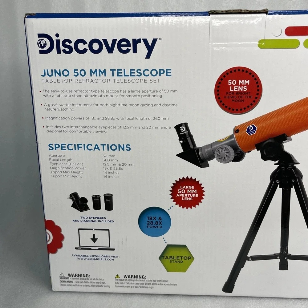 Discovery Juno 50 MM Telescope Tabletop Refractor Telescope Set 18X & 28.8X‎ NEW